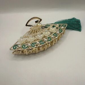 Chic Gold and Green Brooch with Tassel